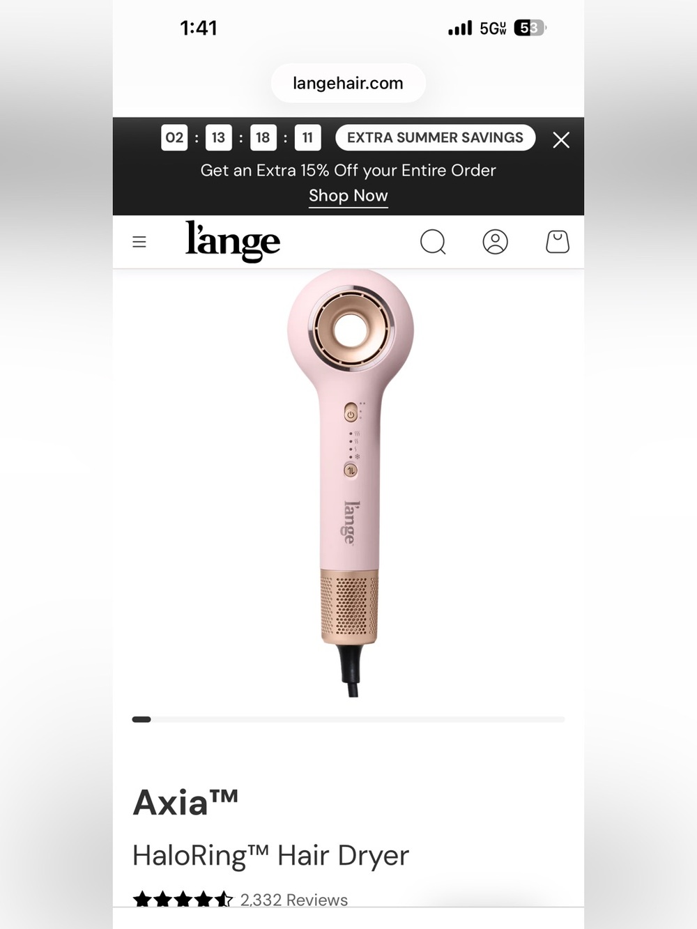 Lange Pink HaloRing Axia Hair Dryer with Rose Gold Accents